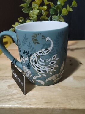 Teal Peacock Ceramic Mug with Gold Accents